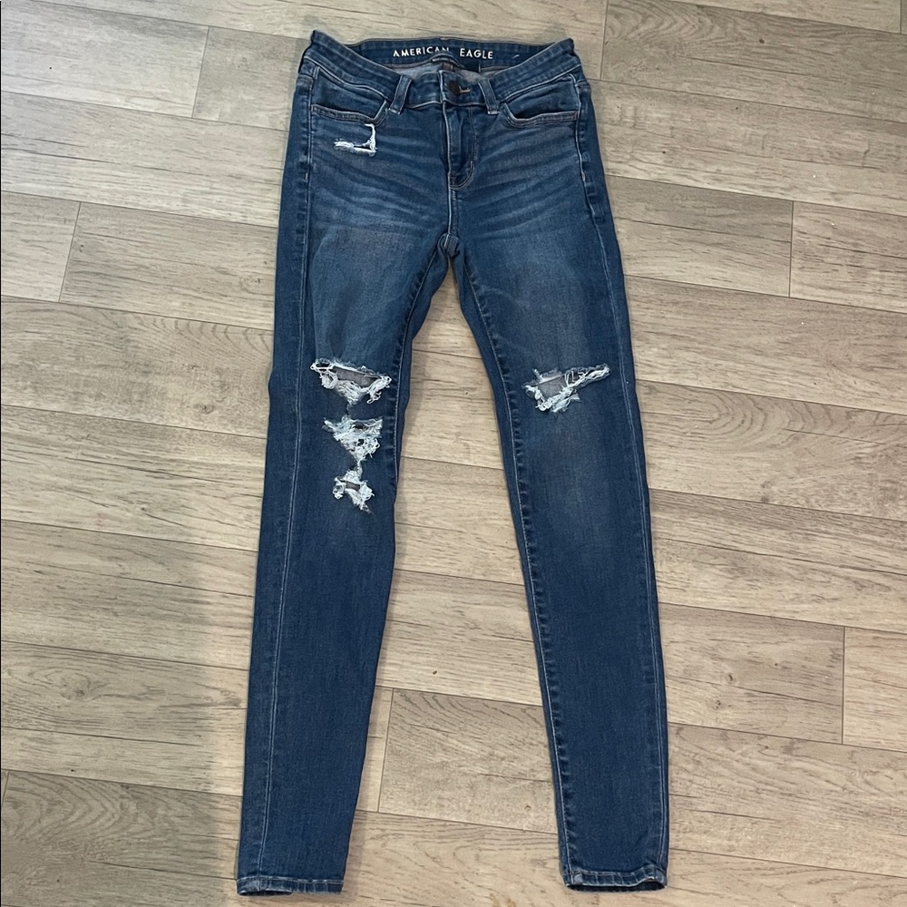 American Eagle Outfitters Women's Ripped Dark Blue Skinny Jeans jegging sz 0
